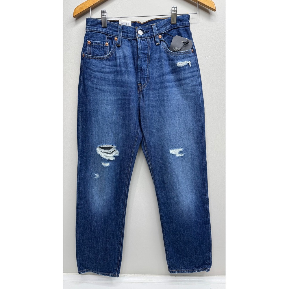 Levis Premium 501 Original Cropped Jeans Womens 25 Blue Distressed Straight Leg